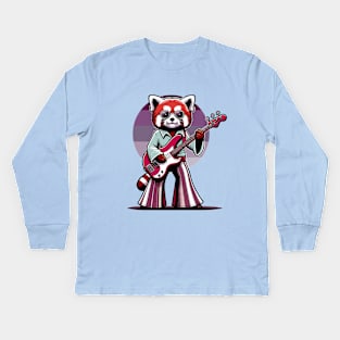 Groovy 70s Bass-Playing Red panda - Colorful Cartoon Vector Art Kids Long Sleeve T-Shirt